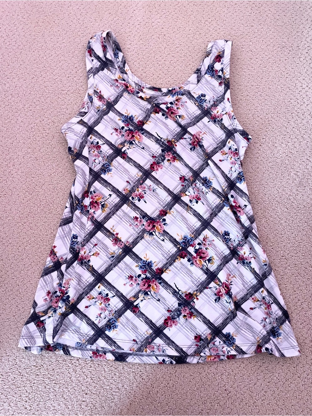 Time and Tru White Plaid Tank with Pink & Blue Floral Print